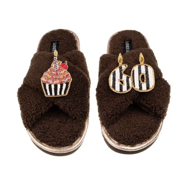 Laines London Laines Neutral Boucle Slippers With Stripe 60TH Birthday & Cake Brooches