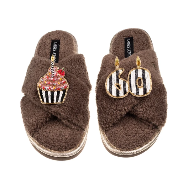 laines london Laines Neutral Boucle Slippers With Stripe 60TH Birthday & Cake Brooches