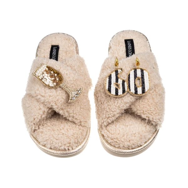 laines london Laines Neutral Boucle Slippers With Stripe 60TH Birthday & Champers Brooches