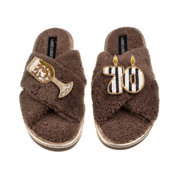 Laines London Laines Neutral Boucle Slippers With Stripe 70TH Birthday & Champers Brooches