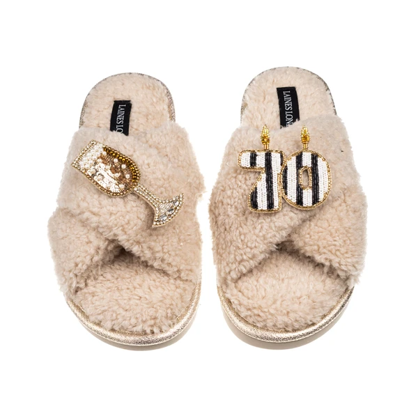 Laines London Laines Neutral Boucle Slippers With Stripe 70TH Birthday & Champers Brooches