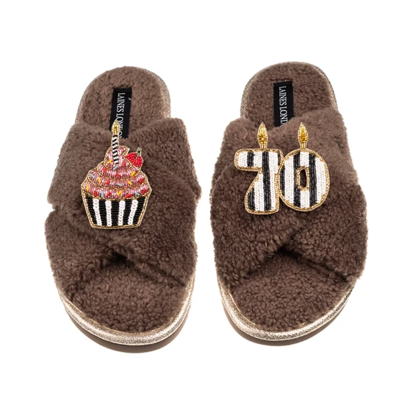 Laines London Laines Neutral Boucle Slippers With Stripe 70TH Birthday & Cake Brooches