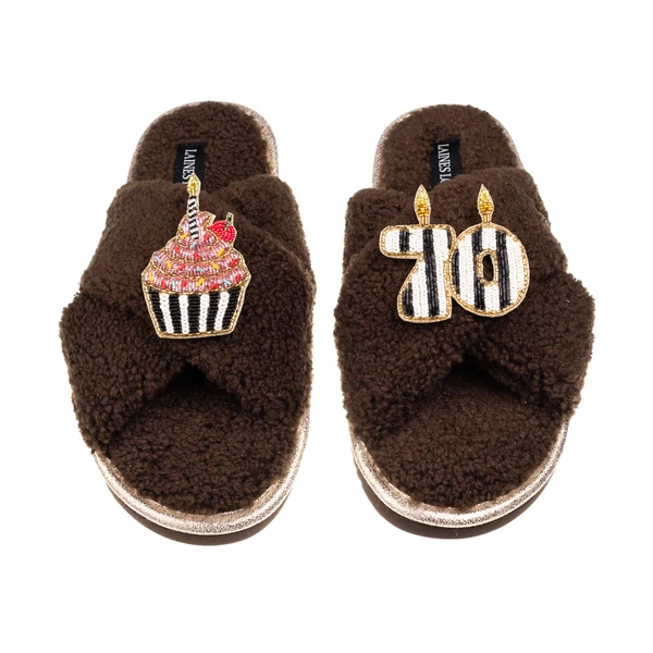 Laines London Laines Neutral Boucle Slippers With Stripe 70TH Birthday & Cake Brooches