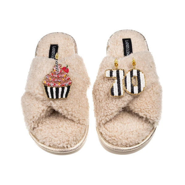 laines london Laines Neutral Boucle Slippers With Stripe 70TH Birthday & Cake Brooches