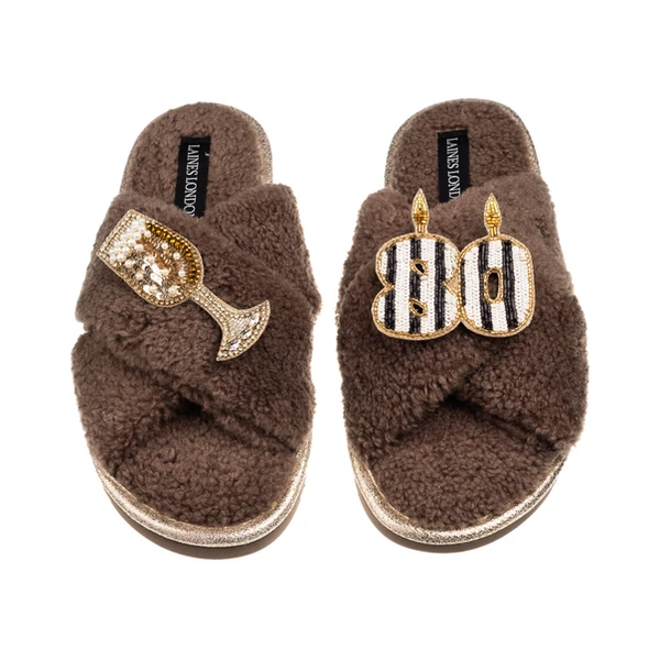 Laines London Laines Neutral Boucle Slippers With Stripe 80TH Birthday & Champers Brooches