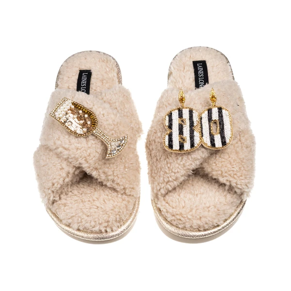 Laines London Laines Neutral Boucle Slippers With Stripe 80TH Birthday & Champers Brooches