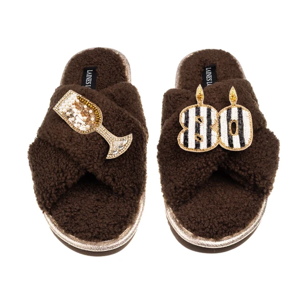 Laines London Laines Neutral Boucle Slippers With Stripe 80TH Birthday & Champers Brooches