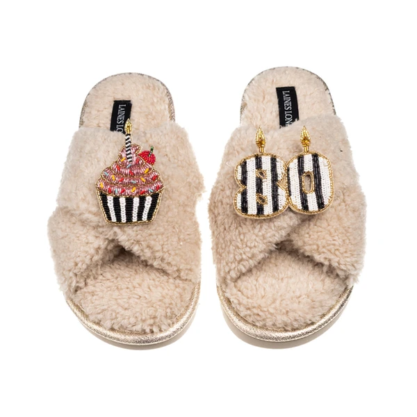 Laines London Laines Neutral Boucle Slippers With Stripe 80TH Birthday & Cake Brooches