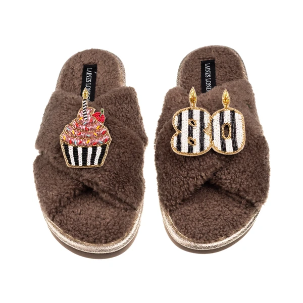 Laines London Laines Neutral Boucle Slippers With Stripe 80TH Birthday & Cake Brooches