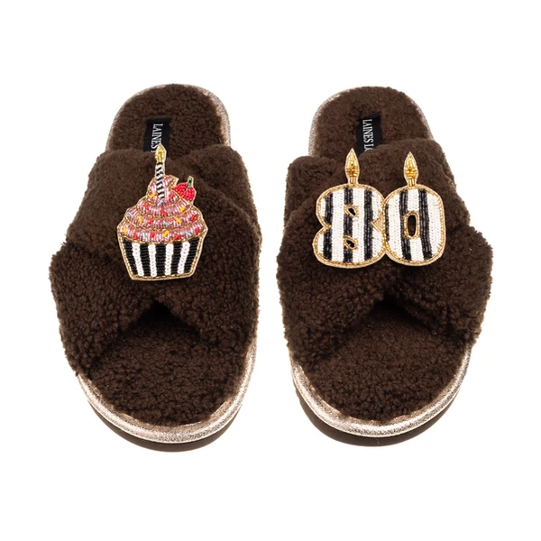 laines london Laines Neutral Boucle Slippers With Stripe 80TH Birthday & Cake Brooches