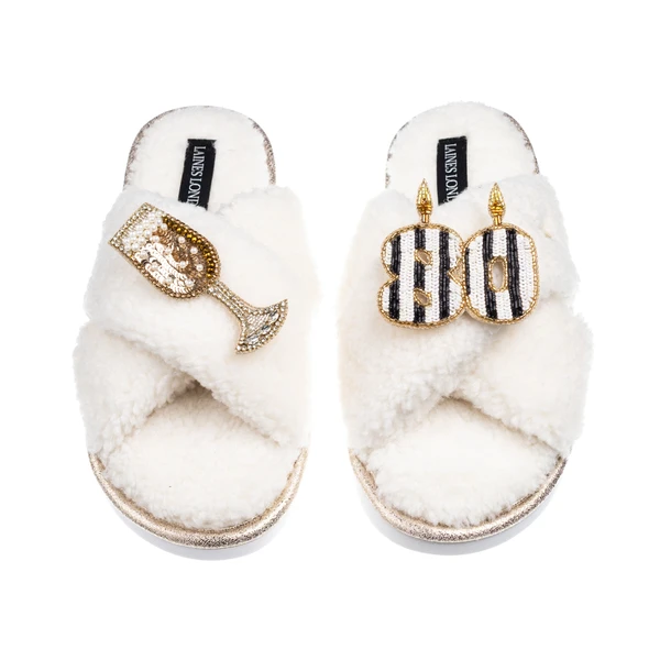 laines london Laines Neutral Boucle Slippers With Stripe 80TH Birthday & Champers Brooches