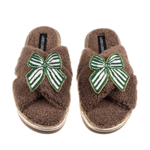 Laines London Laines Neutral Boucle Slippers With Stripe Green Bow Brooches