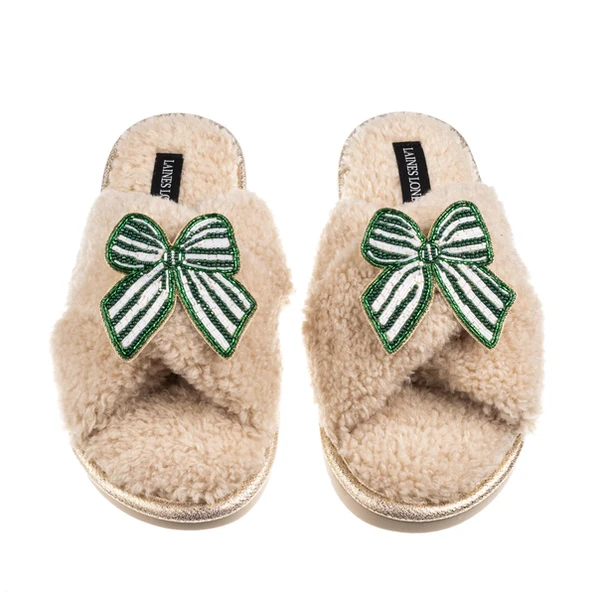 Laines London Laines Neutral Boucle Slippers With Stripe Green Bow Brooches
