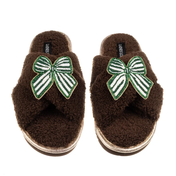 Laines London Laines Neutral Boucle Slippers With Stripe Green Bow Brooches