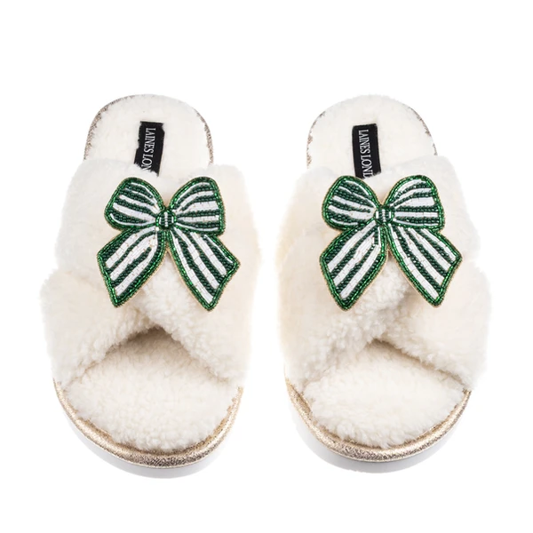 laines london Laines Neutral Boucle Slippers With Stripe Green Bow Brooches