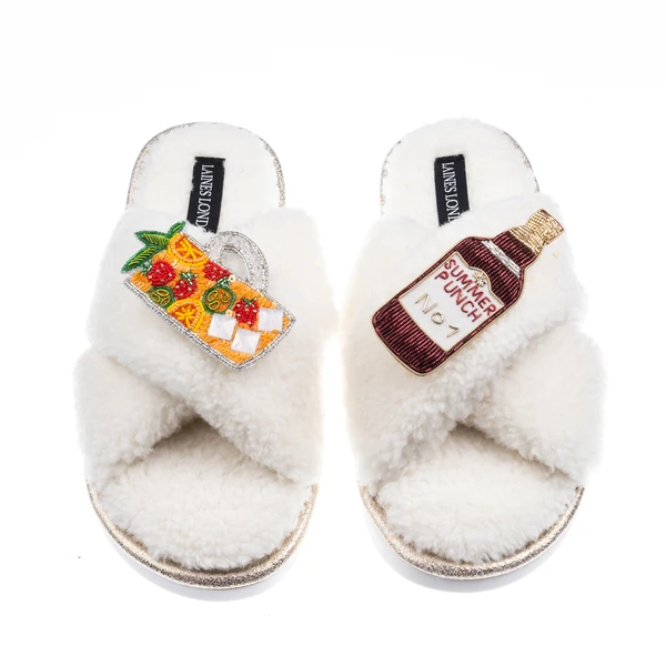 Laines London Laines Neutral Boucle Slippers With Summer Punch Brooches