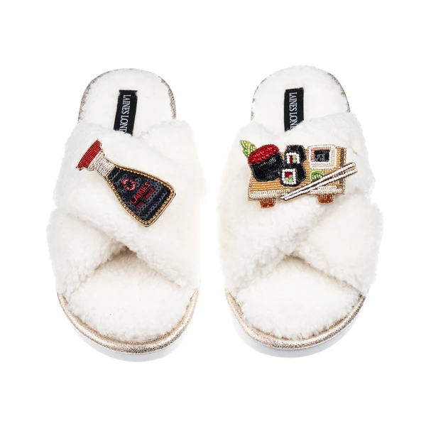 Laines London Laines Neutral Boucle Slippers With Sushi & Soy Sauce Brooches