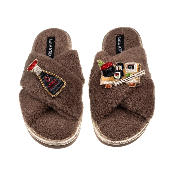 Laines London Laines Neutral Boucle Slippers With Sushi & Soy Sauce Brooches