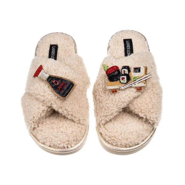 Laines London Laines Neutral Boucle Slippers With Sushi & Soy Sauce Brooches