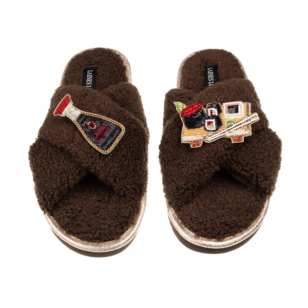 laines london Laines Neutral Boucle Slippers With Sushi & Soy Sauce Brooches