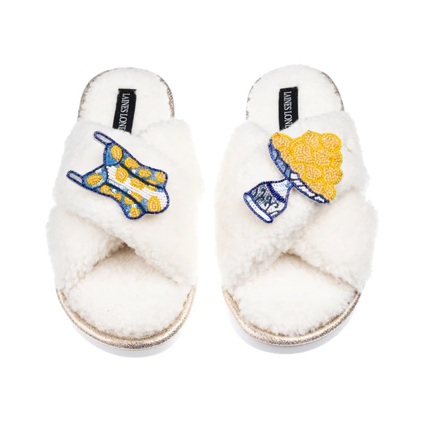 Laines London Laines Neutral Boucle Slippers With Swimming Costume & Lemons Brooches