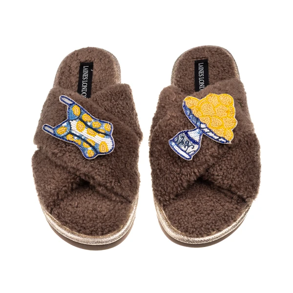 Laines London Laines Neutral Boucle Slippers With Swimming Costume & Lemons Brooches