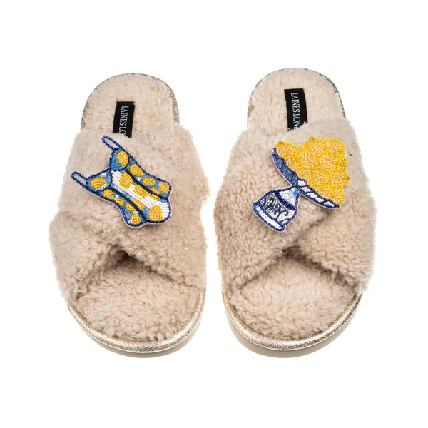 Laines London Laines Neutral Boucle Slippers With Swimming Costume & Lemons Brooches