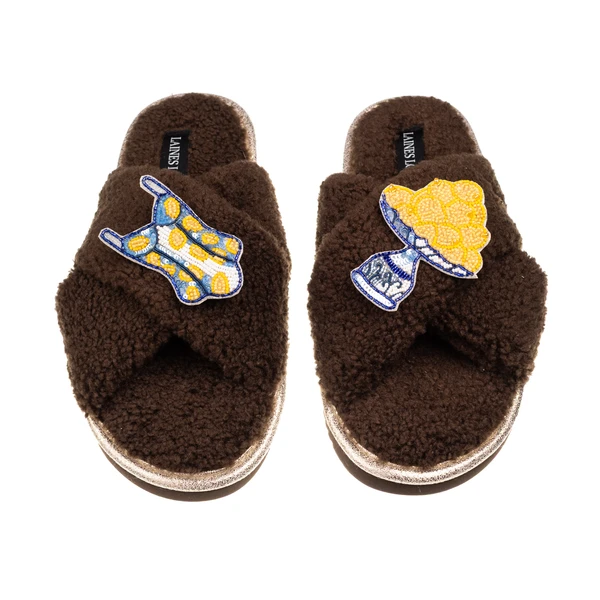 laines london Laines Neutral Boucle Slippers With Swimming Costume & Lemons Brooches