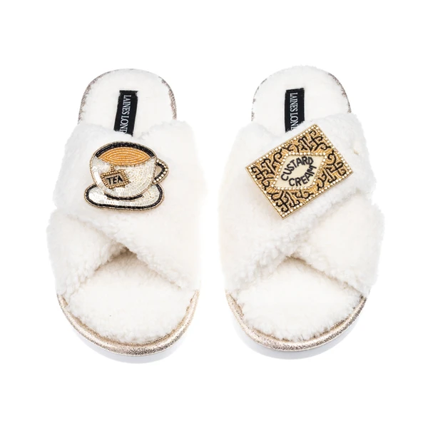 Laines London Laines Neutral Boucle Slippers With Tea & Biscuit Brooches