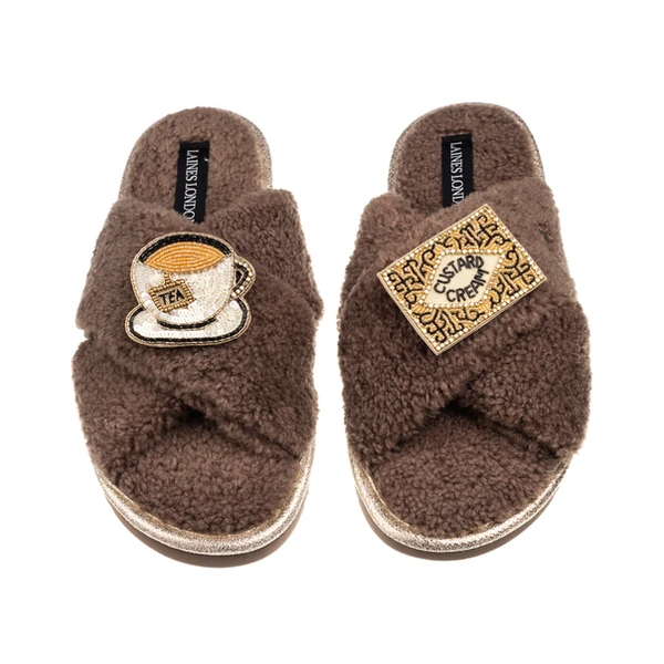 Laines London Laines Neutral Boucle Slippers With Tea & Biscuit Brooches