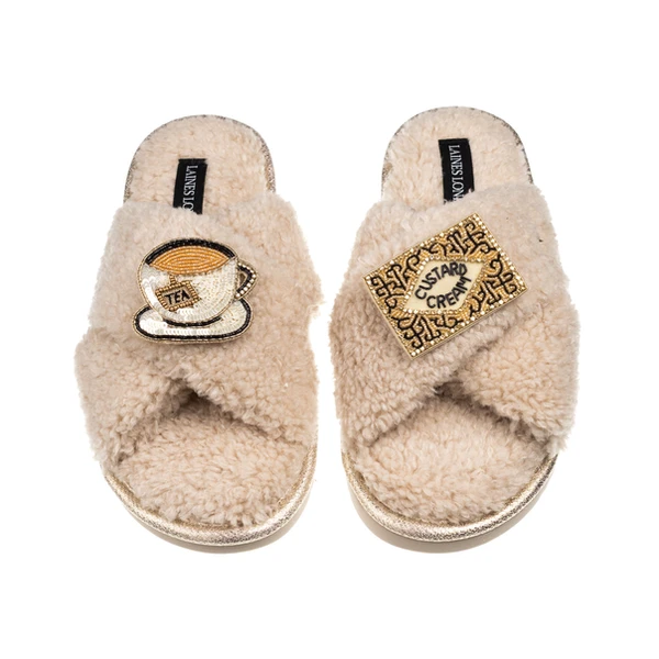 laines london Laines Neutral Boucle Slippers With Tea & Biscuit Brooches