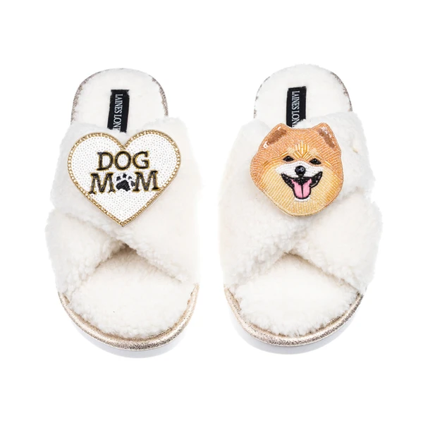 Laines London Laines Neutral Boucle Slippers With Teddy The Pomeranian & Dog Mum/Mom Brooches