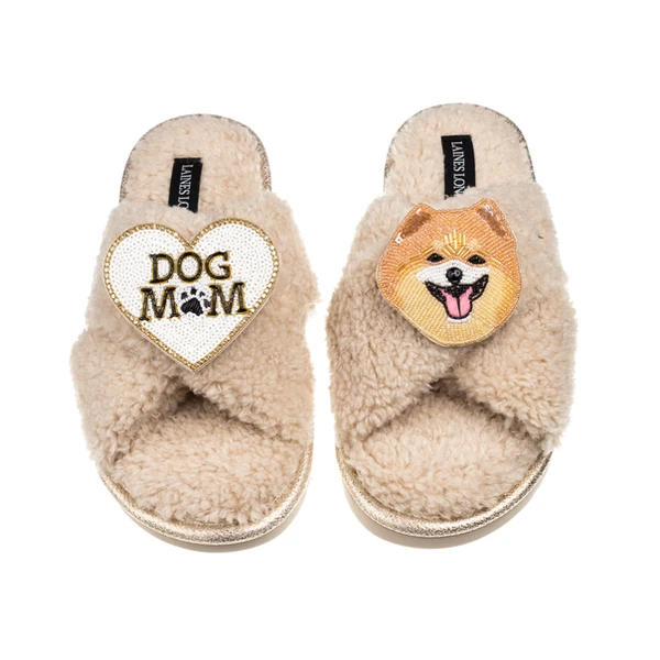 Laines London Laines Neutral Boucle Slippers With Teddy The Pomeranian & Dog Mum/Mom Brooches