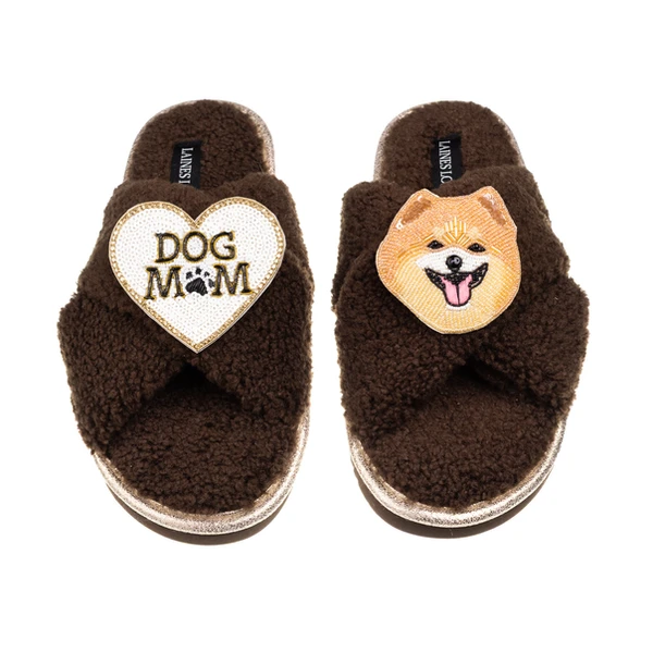 Laines London Laines Neutral Boucle Slippers With Teddy The Pomeranian & Dog Mum/Mom Brooches
