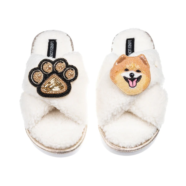 Laines London Laines Neutral Boucle Slippers With Teddy The Pomeranian & Paw Brooches