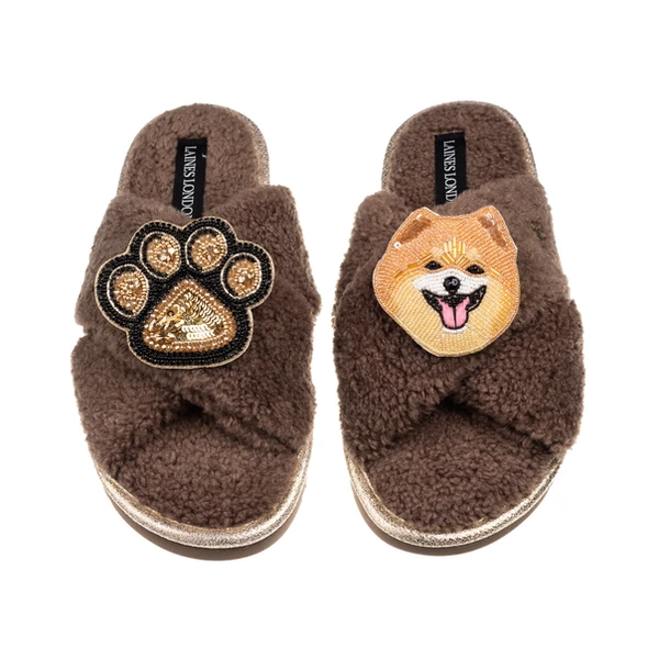 Laines London Laines Neutral Boucle Slippers With Teddy The Pomeranian & Paw Brooches