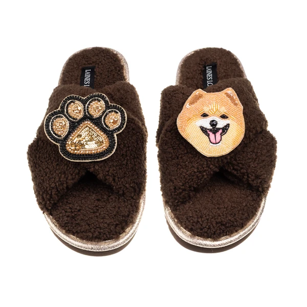 Laines London Laines Neutral Boucle Slippers With Teddy The Pomeranian & Paw Brooches