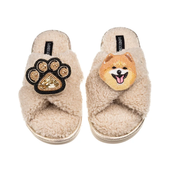 laines london Laines Neutral Boucle Slippers With Teddy The Pomeranian & Paw Brooches