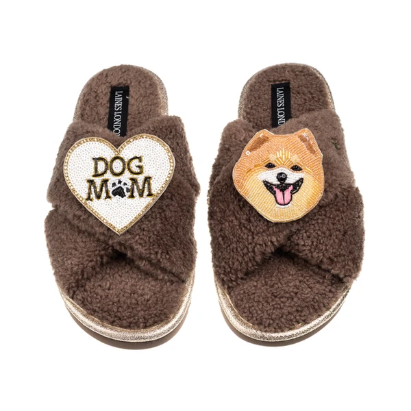 laines london Laines Neutral Boucle Slippers With Teddy The Pomeranian & Dog Mum/Mom Brooches