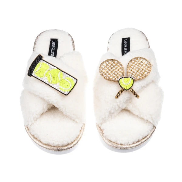 Laines London Laines Neutral Boucle Slippers With Tennis Lover Brooches
