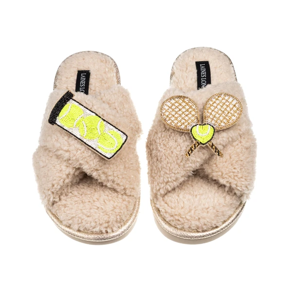 Laines London Laines Neutral Boucle Slippers With Tennis Lover Brooches