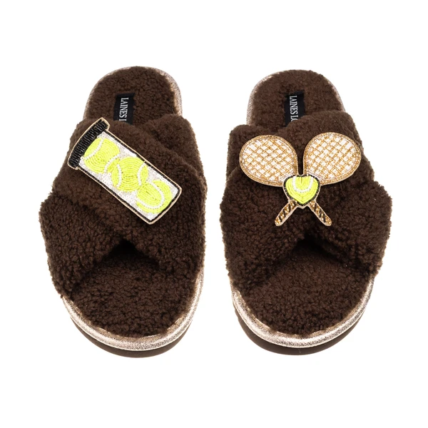 Laines London Laines Neutral Boucle Slippers With Tennis Lover Brooches