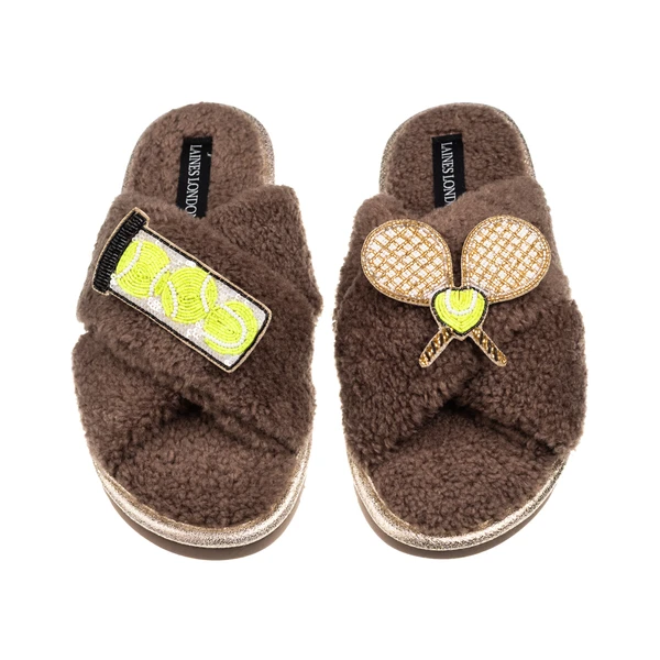 laines london Laines Neutral Boucle Slippers With Tennis Lover Brooches