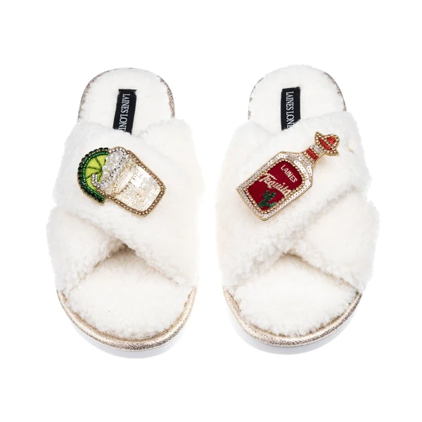 Laines London Laines Neutral Boucle Slippers With Tequila Slammer Brooches
