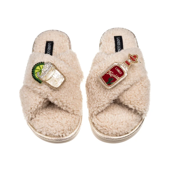 Laines London Laines Neutral Boucle Slippers With Tequila Slammer Brooches