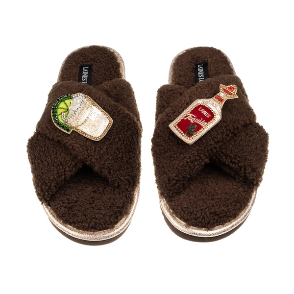 Laines London Laines Neutral Boucle Slippers With Tequila Slammer Brooches