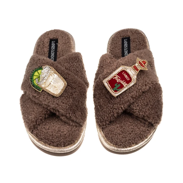 laines london Laines Neutral Boucle Slippers With Tequila Slammer Brooches