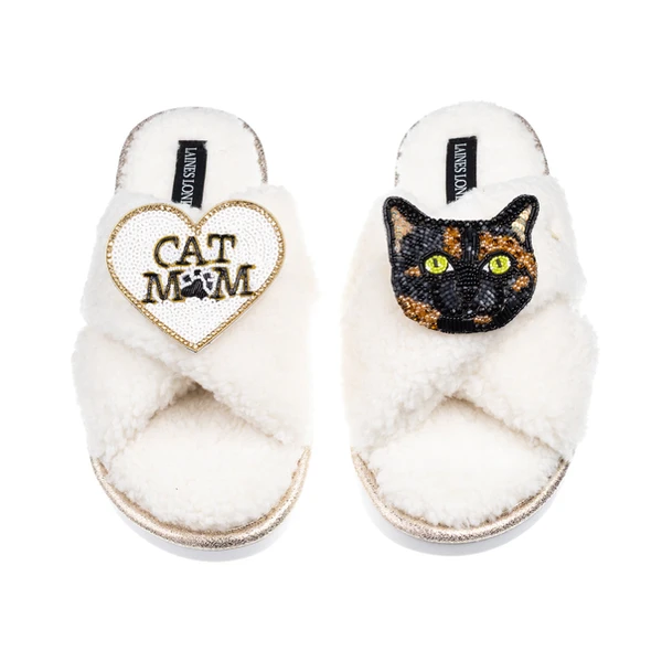 Laines London Laines Neutral Boucle Slippers With Tortoise Shell Cat & Cat Mum/Mom Brooches