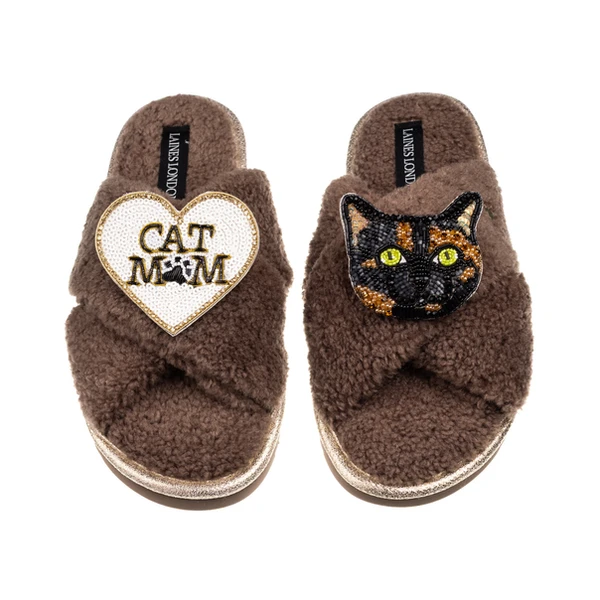 Laines London Laines Neutral Boucle Slippers With Tortoise Shell Cat & Cat Mum/Mom Brooches