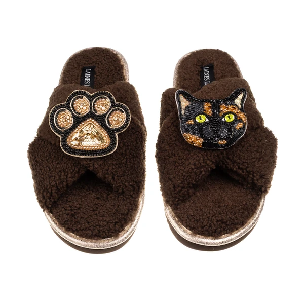 Laines London Laines Neutral Boucle Slippers With Tortoise Shell Cat & Paw Brooches